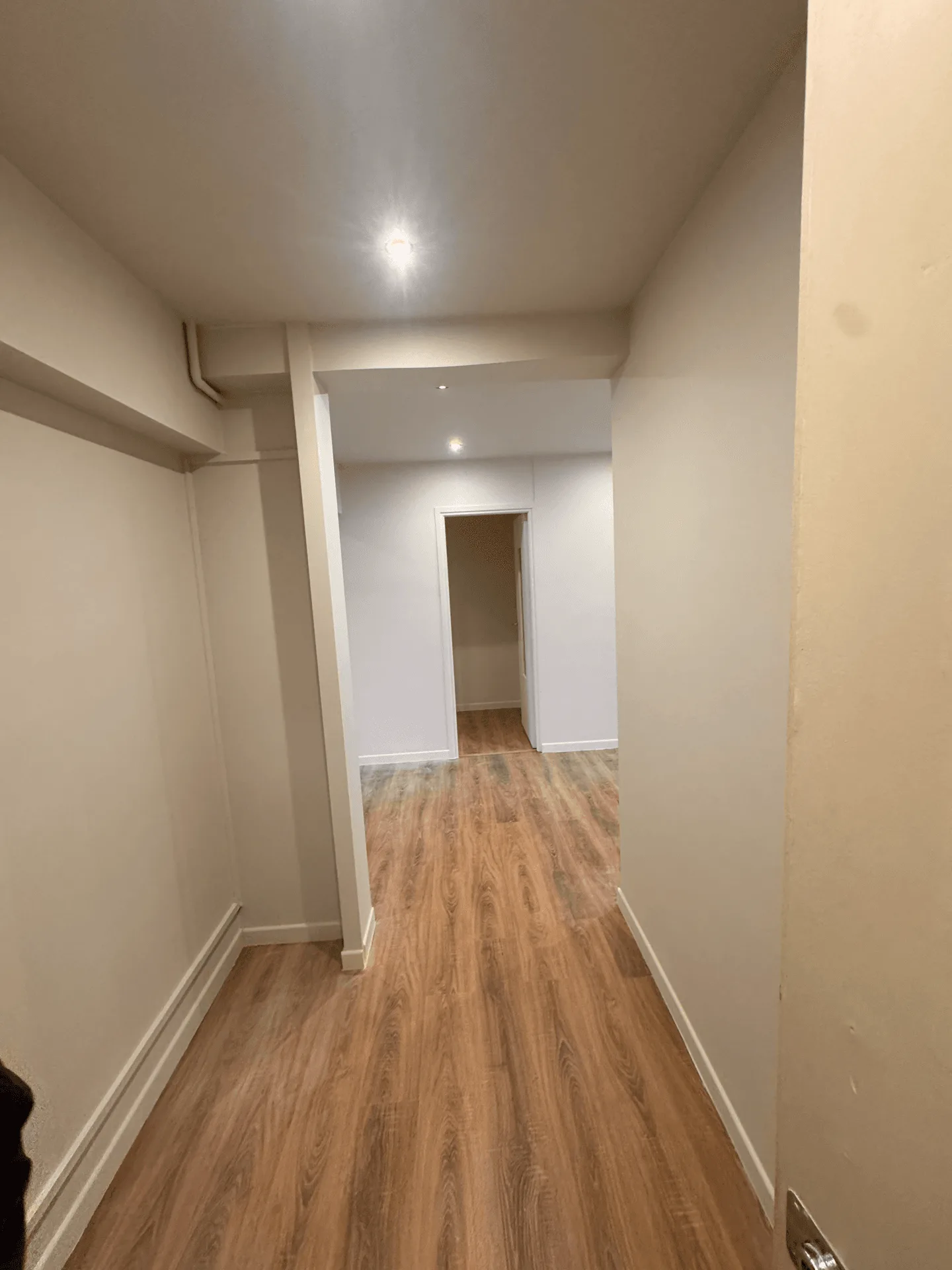 Dégagement intérieur avec sol aspect bois et encadrements blancs